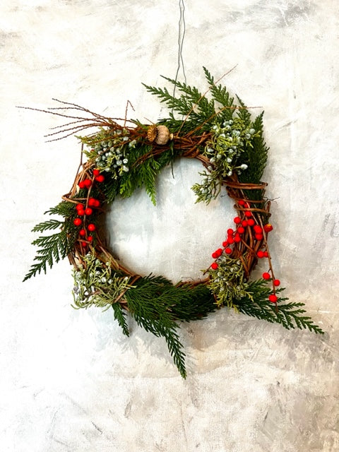 Small grapevine  wreath with cedar, pods and winterberry, 12